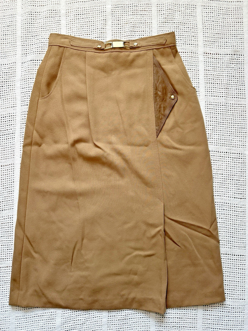 Vintage Korean Wool Blend Midi Skirt Size XS/S Brown Leather Trim Gold Hardware